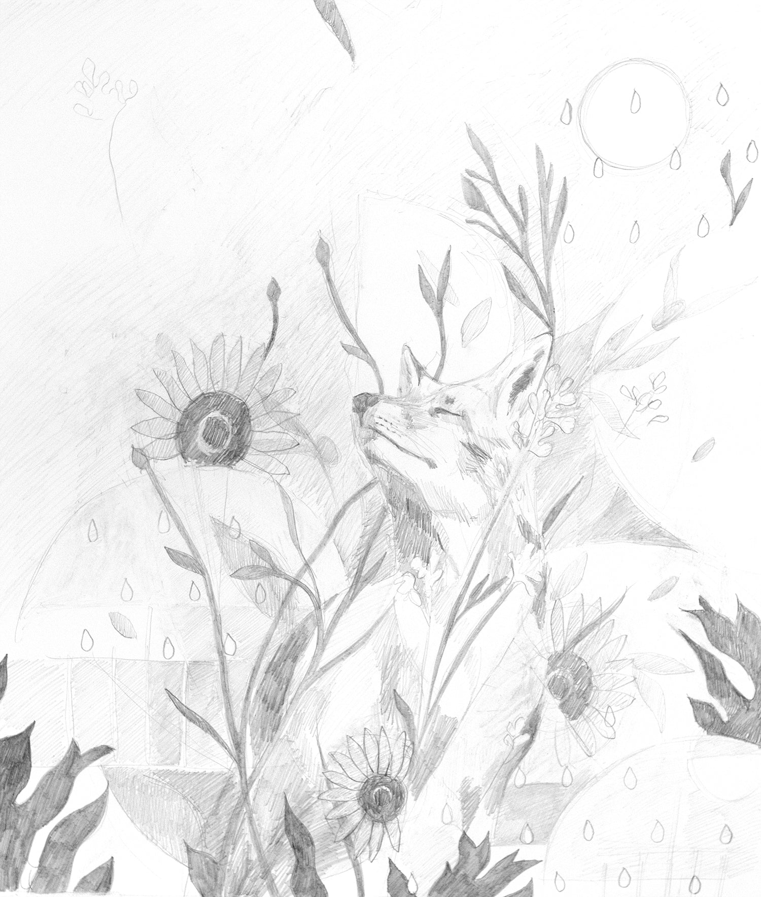 Fox Glow – a soft pencil drawing of a peaceful fox with closed eyes, surrounded by sunflowers and flowing leaves, capturing a gentle sense of calm and connection with nature.”
