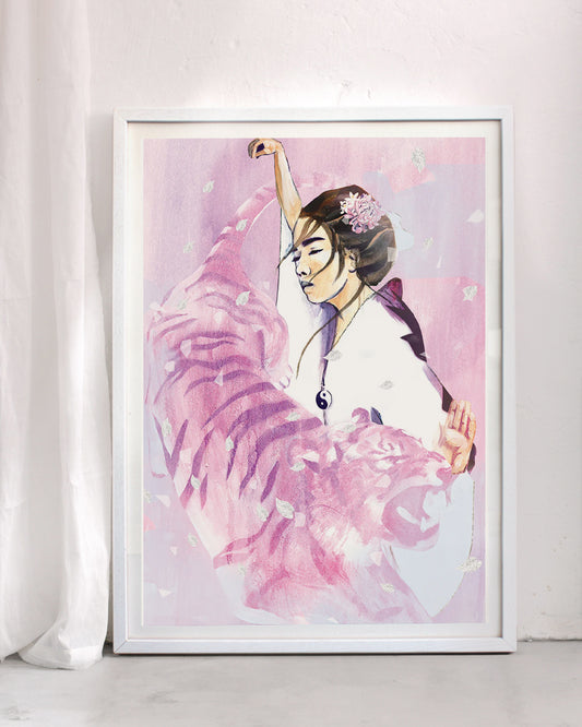 Framed spiritual art print of The Golden Key of Spirit, featuring a serene female figure surrounded by soft pink tones and symbolic movement, representing spiritual awakening and inner guidance.