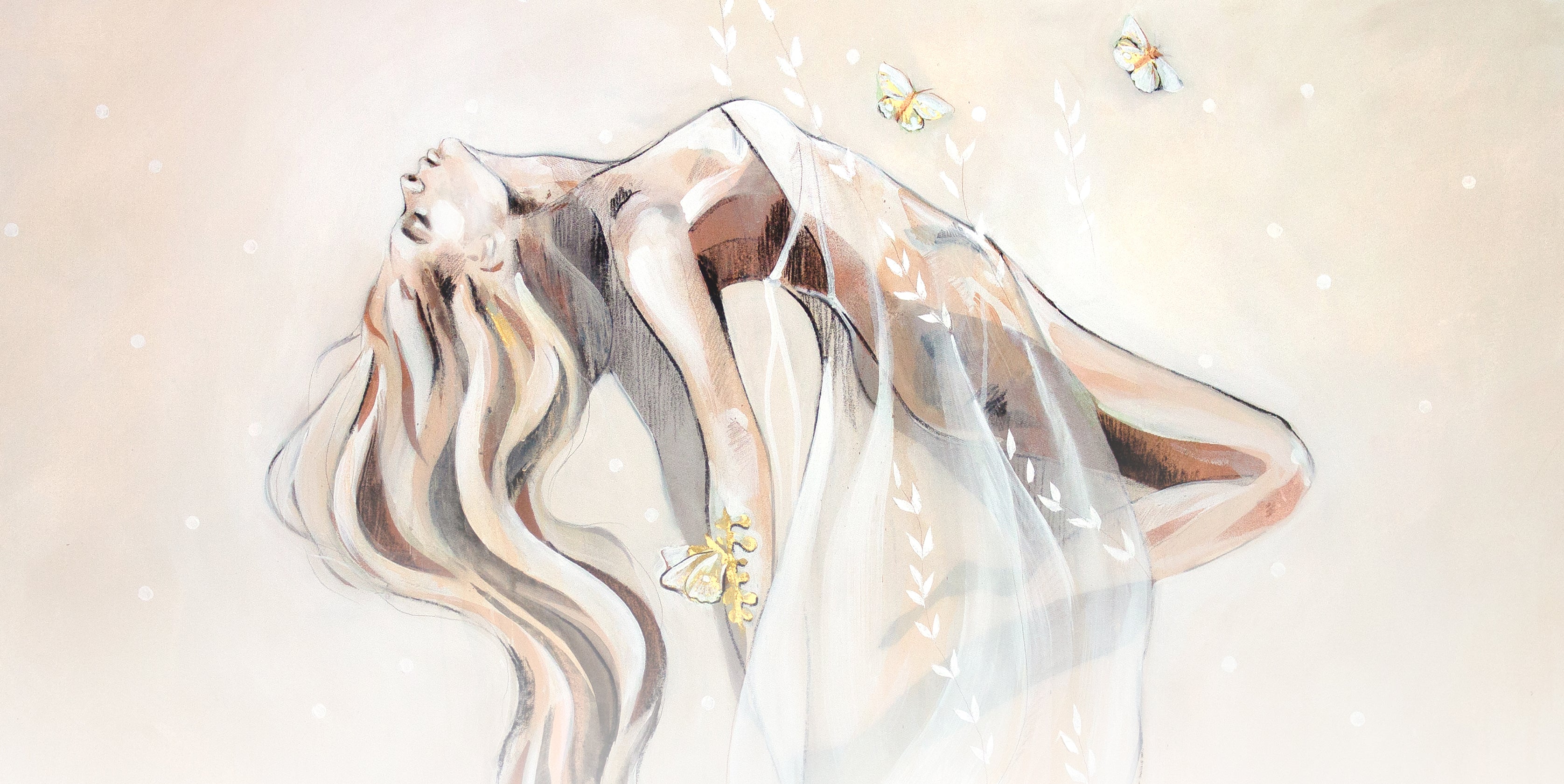 Fluid figurative illustration of a woman arching back, with soft layers, light tones, and butterflies floating above.