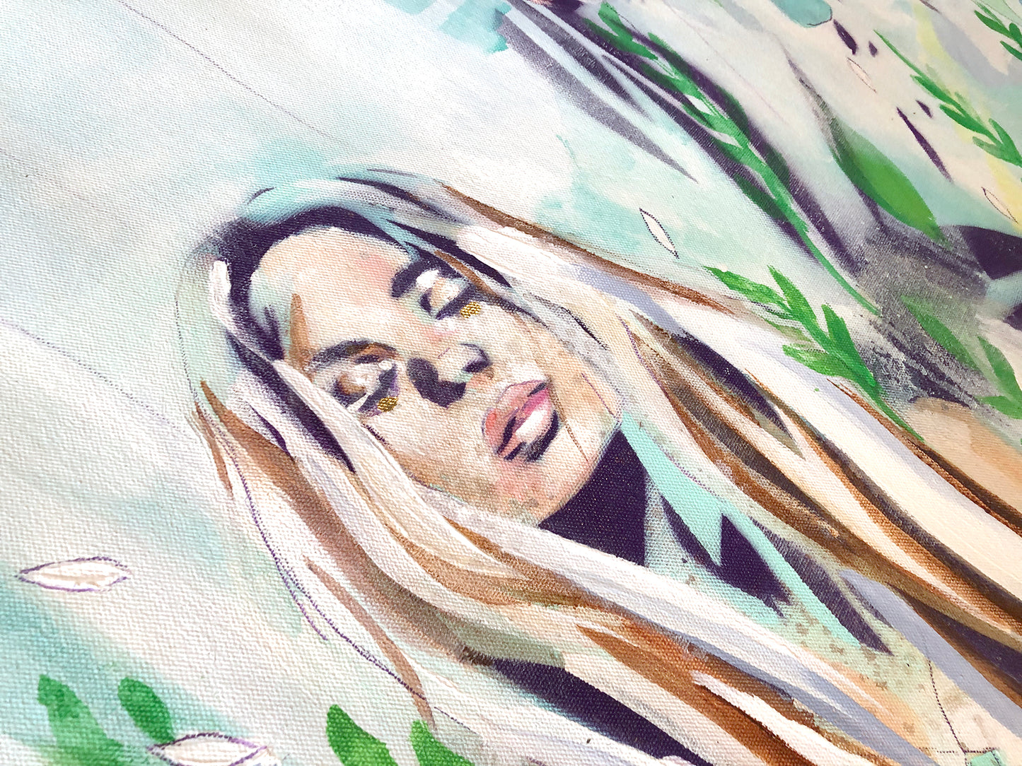 Close-up of the hand-painted female figure in the In the Fields botanical wallpaper by Hannah Chloe, showing soft brushstrokes, flowing hair, and nature-inspired colours in a calming wall mural.