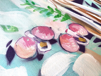 Close-up detail of the In the Fields botanical wallpaper by Hannah Chloe, showing hand-painted pink flowers, green foliage, and soft brush texture on a nature-inspired wall mural.