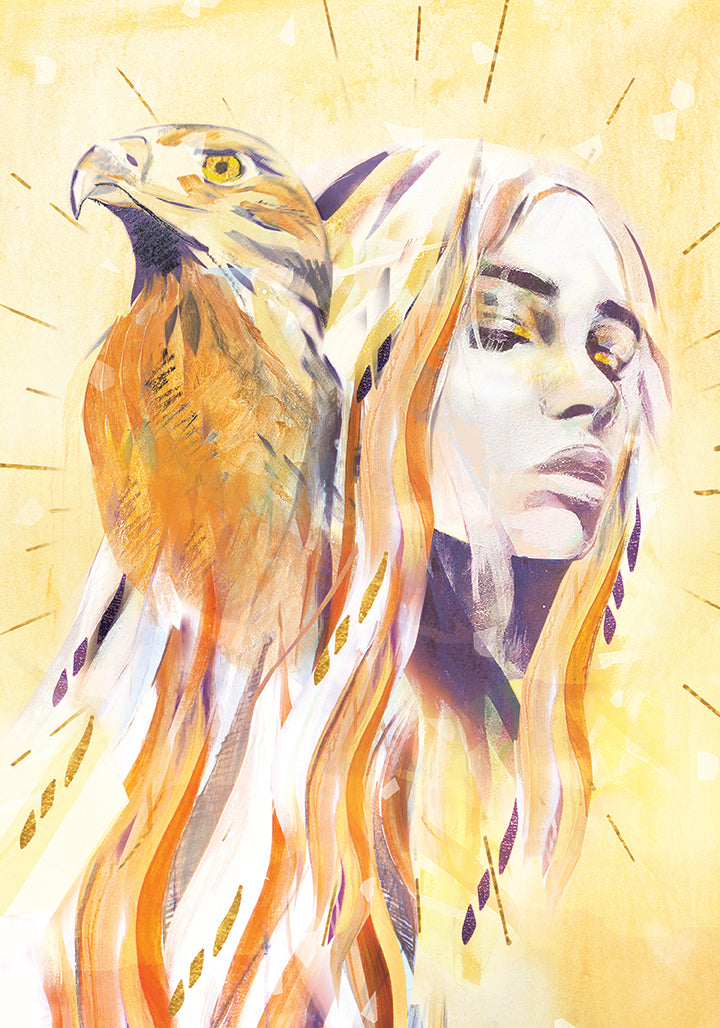 Close-up detail of the Integrity art print, showing a woman and a hawk in warm golden tones, highlighting clarity, vigilance, and fire-inspired strength.