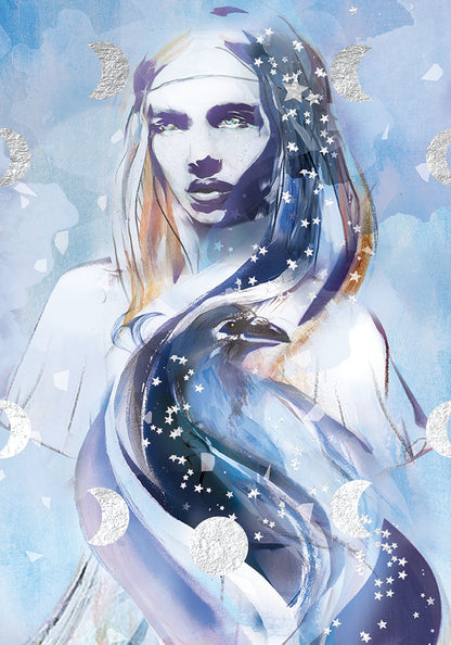 Close-up detail of the Magic art print showing a celestial feminine figure surrounded by moon phases, stars, and flowing blue forms, symbolising intuition, mystery, and the air element.