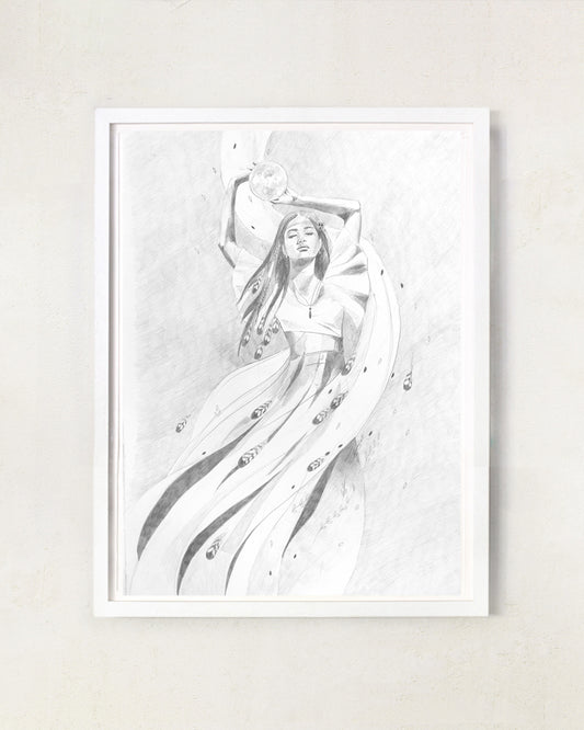 Hand-drawn pencil illustration of a flowing feminine figure inspired by the moon, tides, and natural cycles