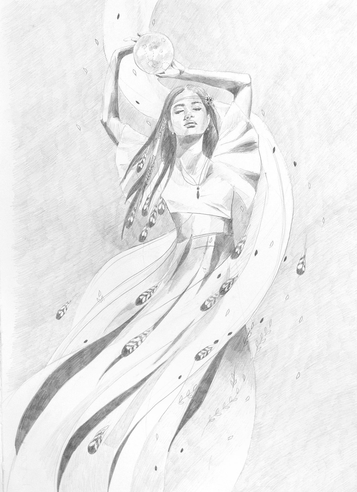 Hand-drawn pencil illustration of a flowing feminine figure holding the moon, inspired by lunar cycles, tides, and natural rhythm