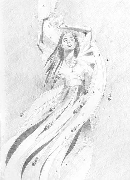 Hand-drawn pencil illustration of a flowing feminine figure holding the moon, inspired by lunar cycles, tides, and natural rhythm