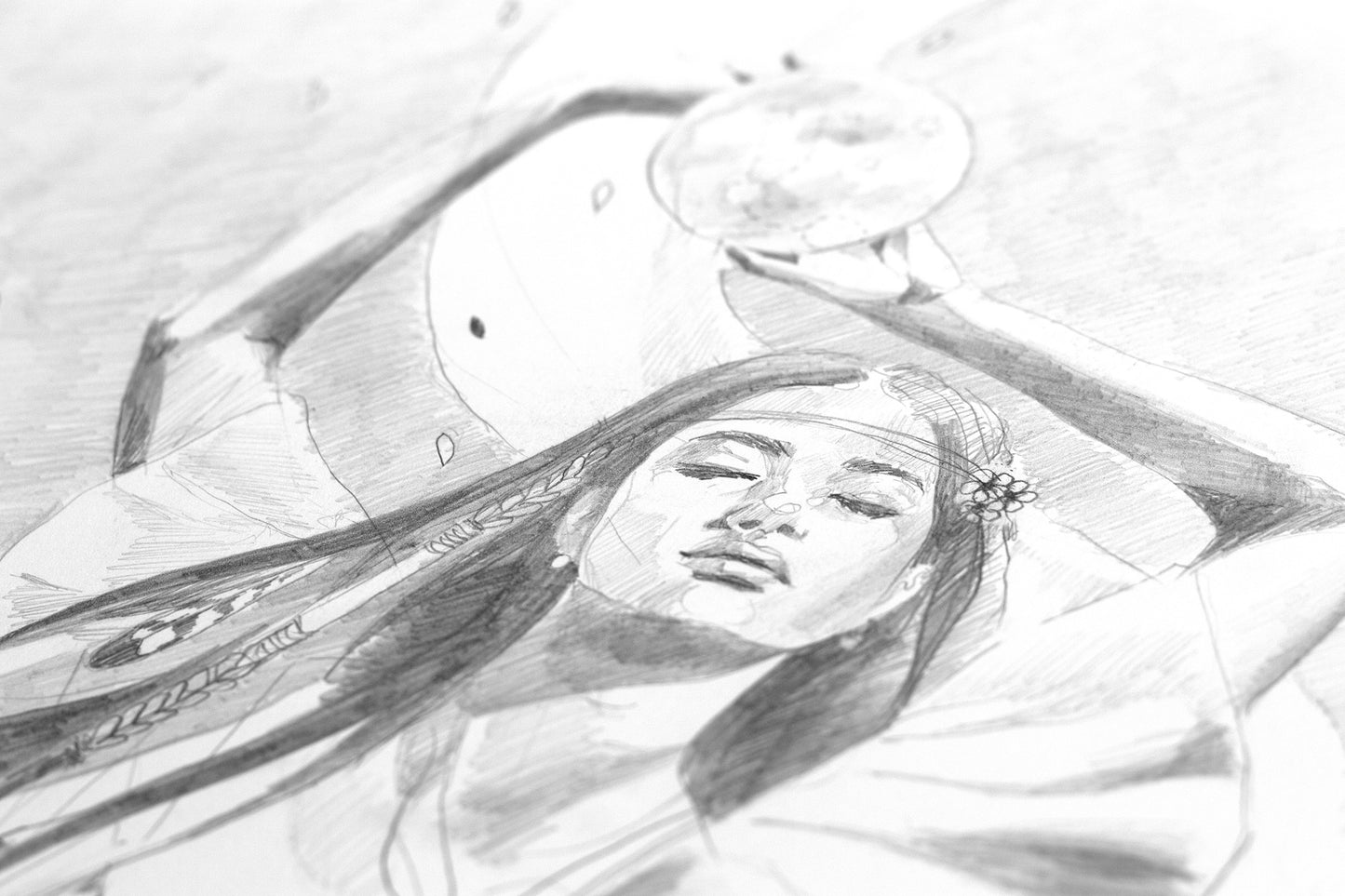 Close-up detail of a hand-drawn pencil illustration showing a serene feminine figure inspired by the moon and natural flow