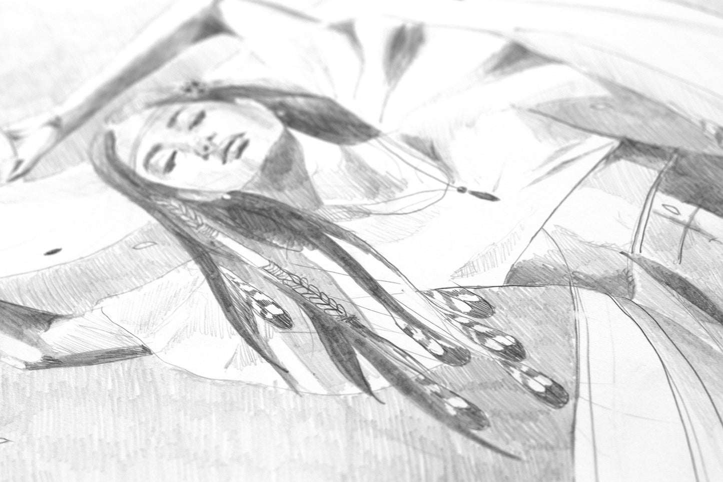 Detail of a hand-drawn pencil illustration showing a reclining feminine figure with flowing hair, inspired by lunar cycles and natural movement