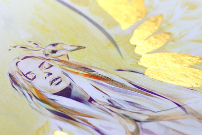 Close-up detail of the Phoenix Rising art print, highlighting hand-applied gold leaf, flowing brushwork, and warm golden tones symbolising rebirth and transformation.