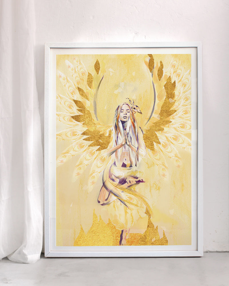 Spiritual art print titled Phoenix Rising, depicting a woman with golden wings emerging upward in warm yellow and gold tones, symbolising rebirth, transformation, and inner strength.