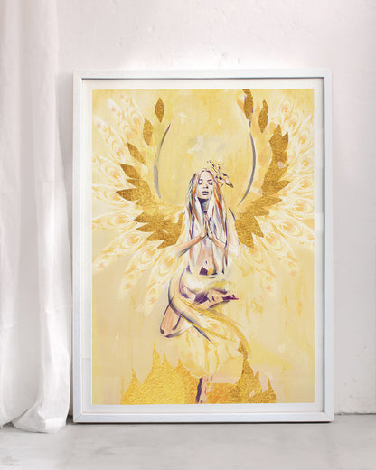 Spiritual art print titled Phoenix Rising, depicting a woman with golden wings emerging upward in warm yellow and gold tones, symbolising rebirth, transformation, and inner strength.