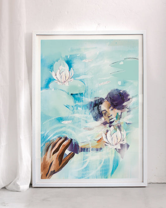 Reflected spiritual water art print featuring a flowing feminine figure and lotus flowers in soft blue tones, symbolising intuition, emotional depth, and healing.