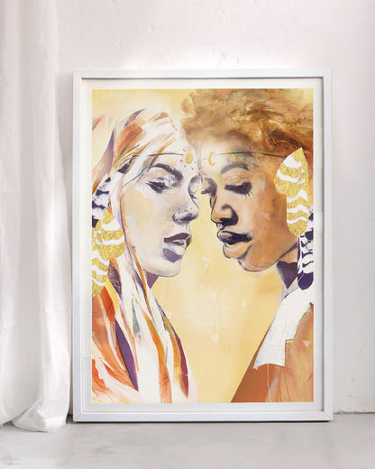 Spiritual art print titled Rekindle, depicting two figures facing one another in warm golden tones, symbolising connection, renewal, and the reawakening of inner fire.