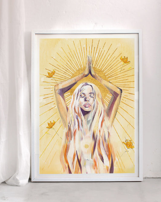 Spiritual art print titled Shine Bright, featuring a woman radiating golden light with raised hands, symbolising the fire element, inner strength, and empowerment.