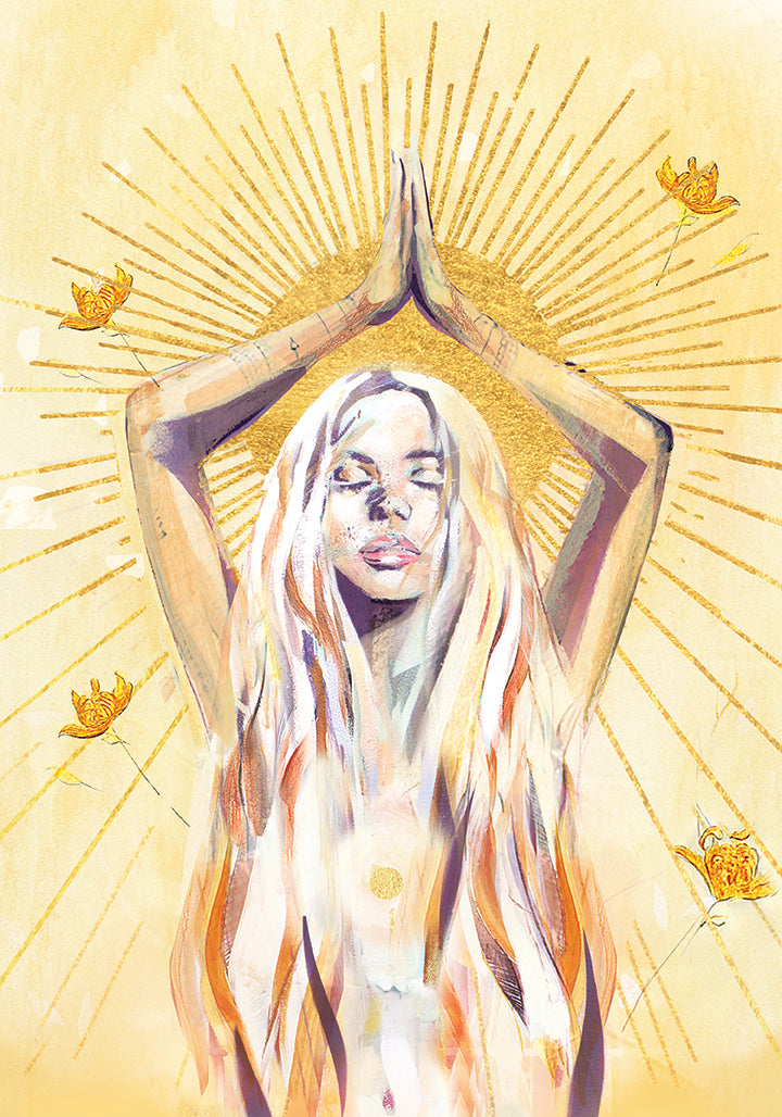 Spiritual art print titled Shine Bright, depicting a woman with raised hands surrounded by radiant golden rays, symbolising the fire element, inner light, and empowerment.
