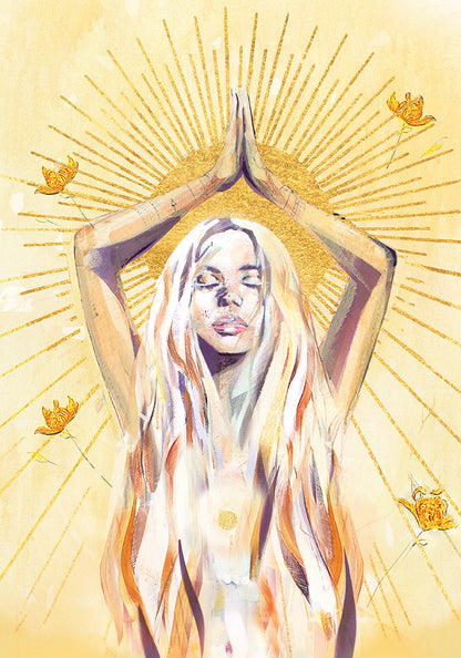Spiritual art print titled Shine Bright, depicting a woman with raised hands surrounded by radiant golden rays, symbolising the fire element, inner light, and empowerment.