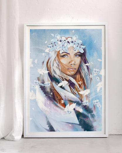 Winds of Change art print featuring a feminine portrait surrounded by flowing elements and soft blue tones, symbolising transition, resilience, inner strength, and new beginnings.
