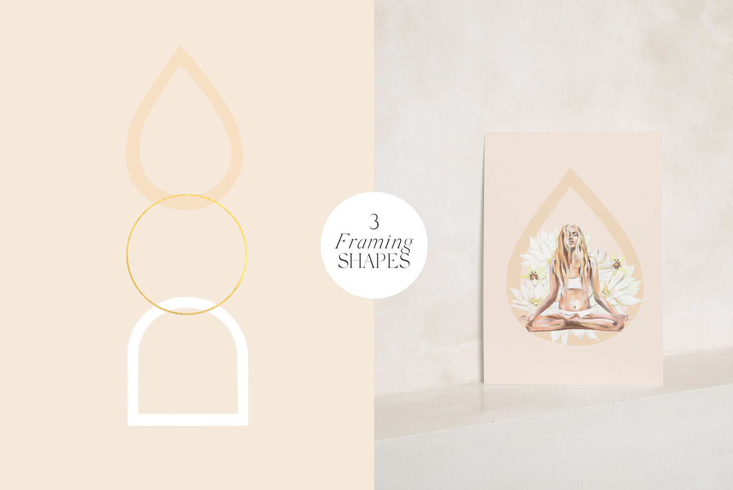 Three framing shapes from the Yoga Collection digital download, shown as minimalist design elements and applied to a yoga art print for branding and layout design.