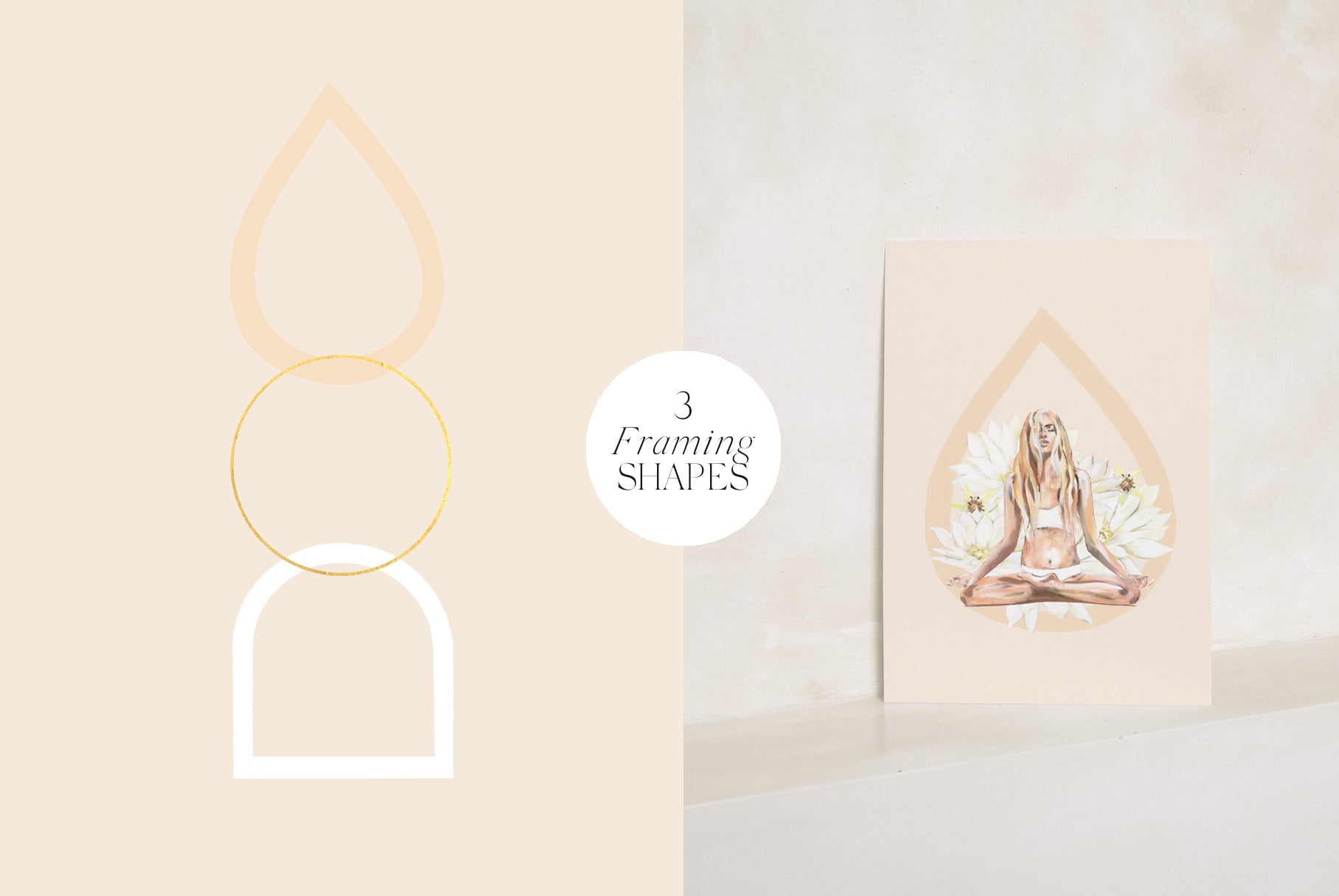 Three framing shapes from the Yoga Collection digital download, shown as minimalist design elements and applied to a yoga art print for branding and layout design.