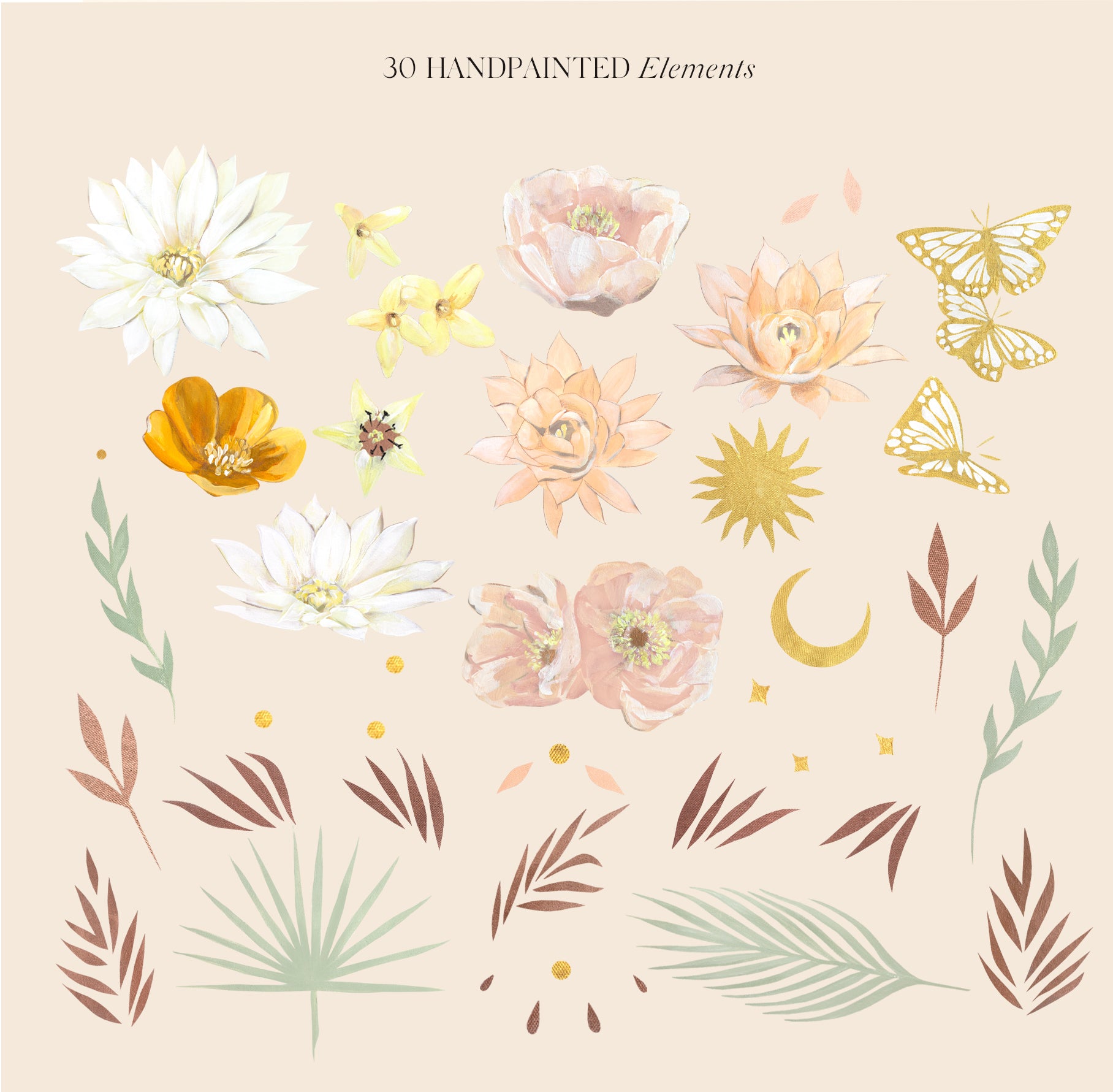 Hand-painted floral and botanical elements from the Yoga Collection, including lotus flowers, leaves, butterflies, moons, and decorative details, available as a digital download.