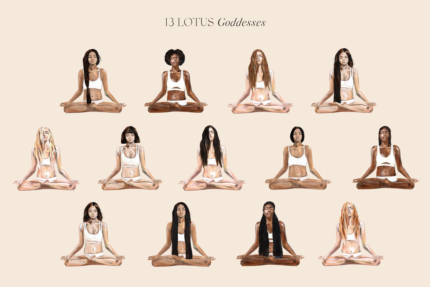 Thirteen hand-painted Lotus Goddesses yoga illustrations featuring women in seated meditation poses, part of the Yoga Collection digital download.