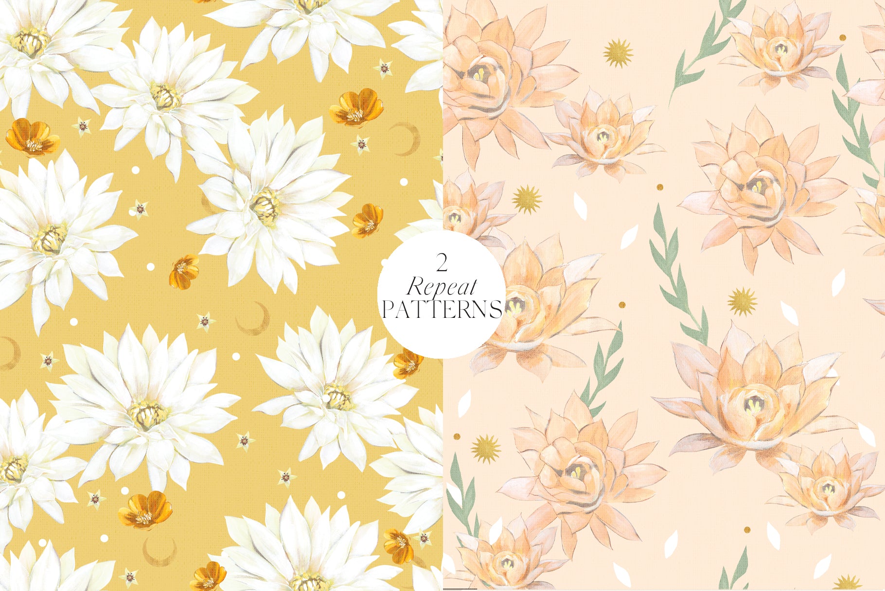 Two seamless repeat patterns from the Yoga Collection featuring hand-painted lotus flowers and botanical motifs, designed for textiles, packaging, and surface design.