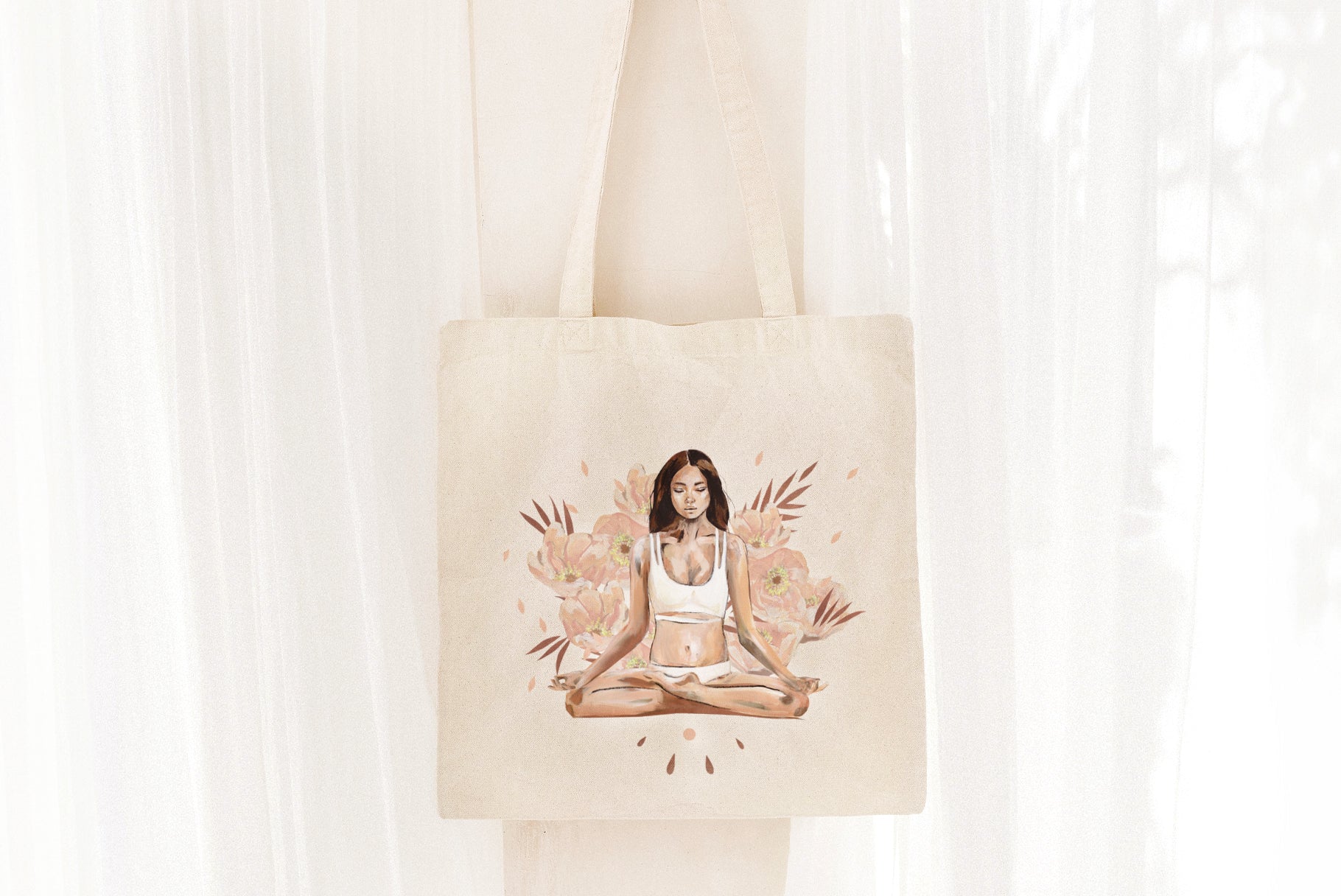 Yoga Collection artwork displayed on a fabric tote bag mockup, showing a hand-painted yoga illustration used for merchandise and lifestyle branding.