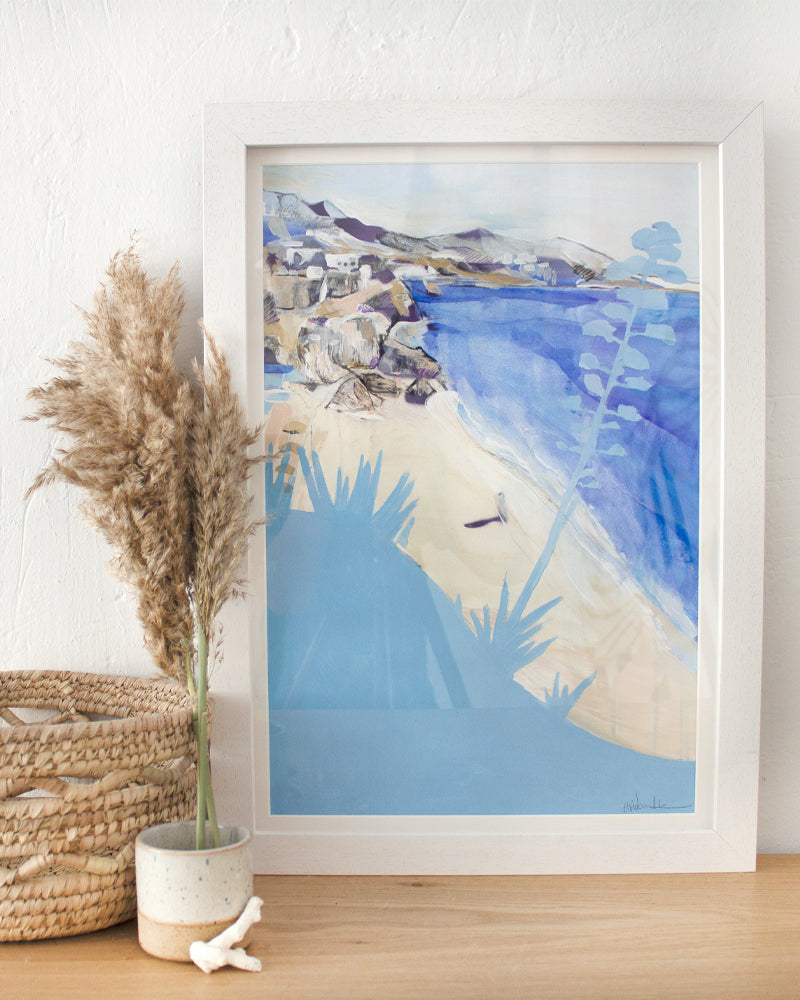 Landscape painting of Nerja beach in cool blues. Use of shadow and shape pulls your attention to the beach and beyond.