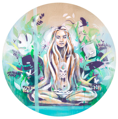 Art  print of the painting seen in Boho Beautiful. A meditating girl sitting in a sea gf green and turquoise.